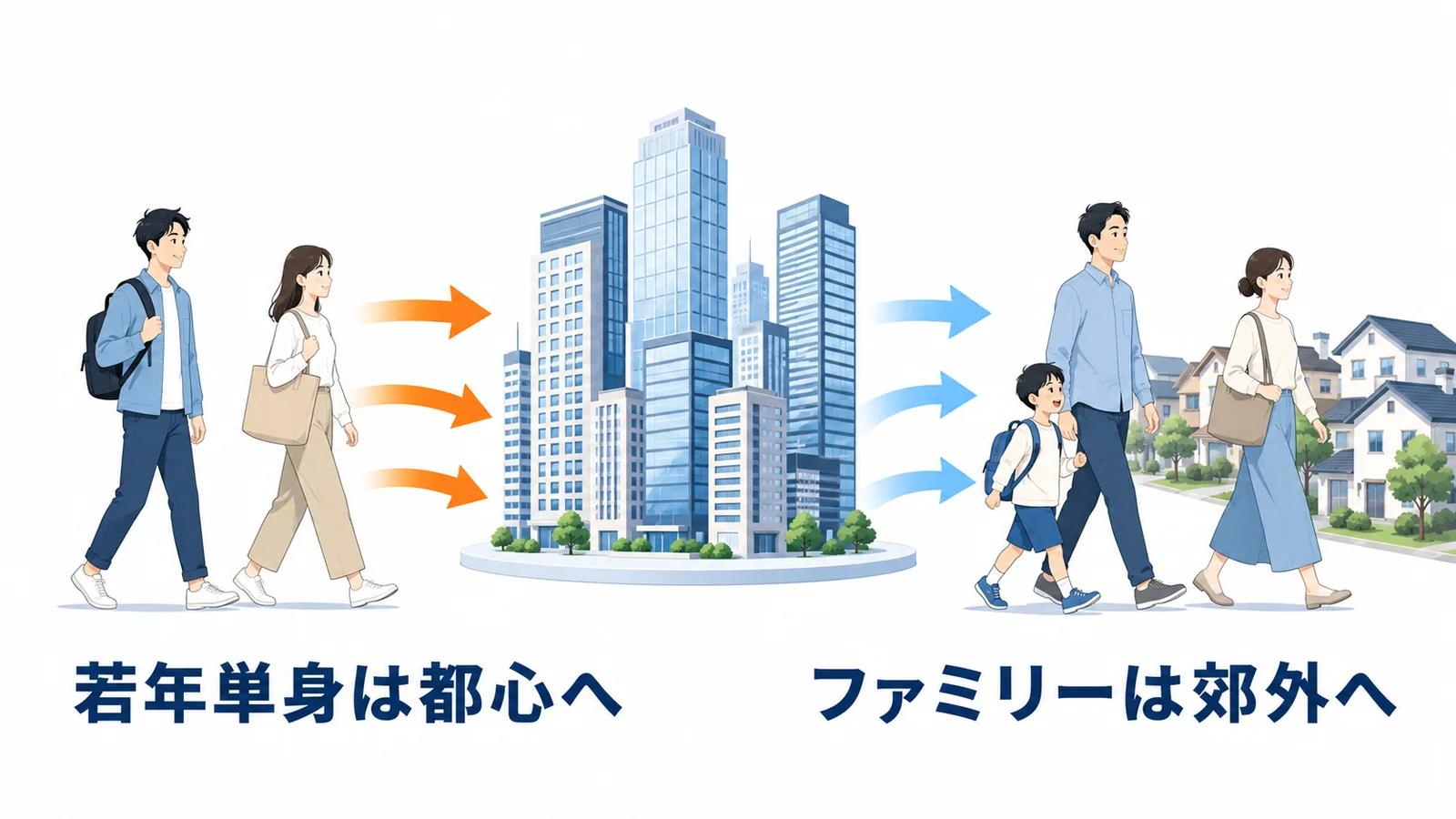 若年単身者は都心へ、ファミリー層は郊外へ移動する対比図