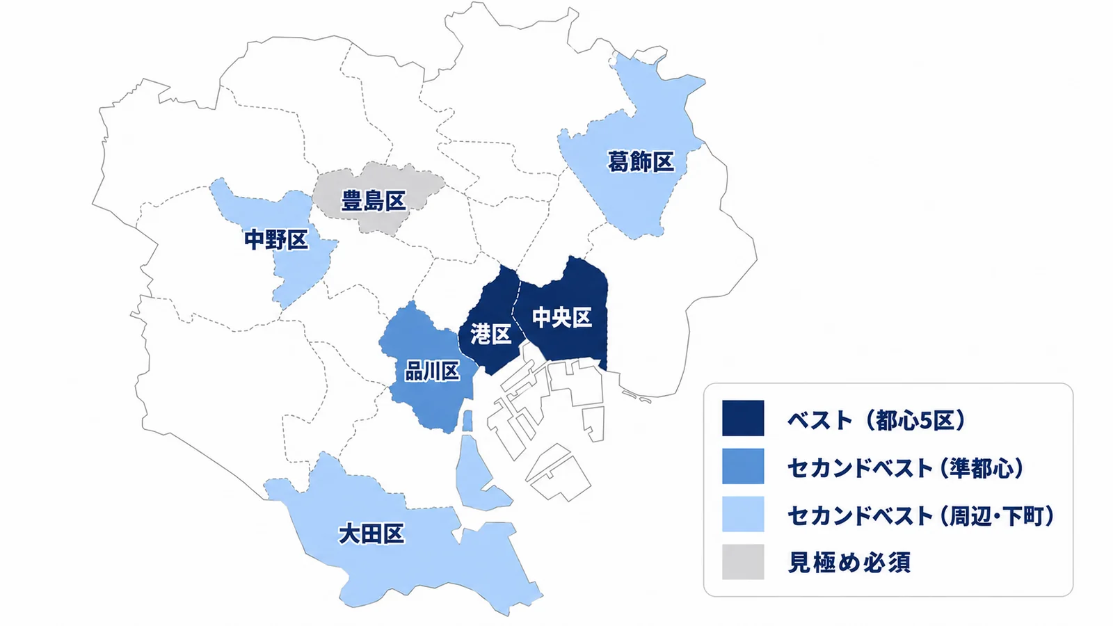 東京23区をベスト・セカンドベスト・見極め必須の3層に色分けしたマップ