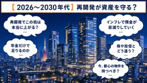 東京都心の再開発とインフレ・年金不安について考える様子