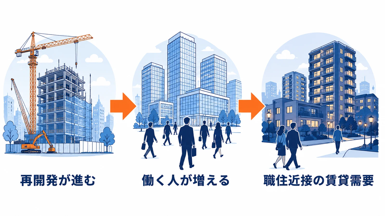 再開発が就業人口の増加と職住近接の賃貸需要につながる連鎖図